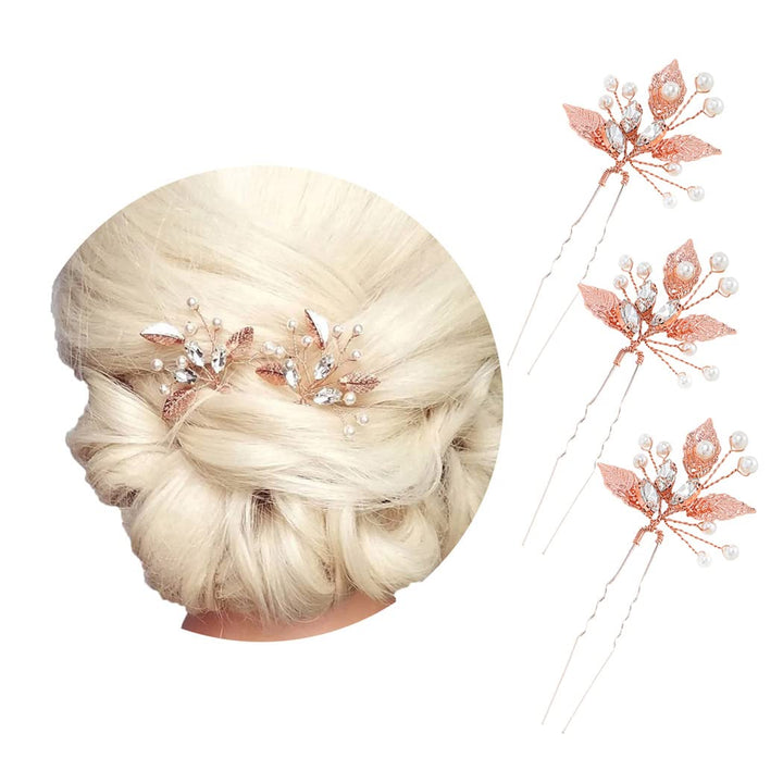 Bride Wedding Crystal Hair Pins Leaf Bridal Rose Gold Hair Pieces Wedding Pearl Hair Accessories for Women and Girls Pack of 3