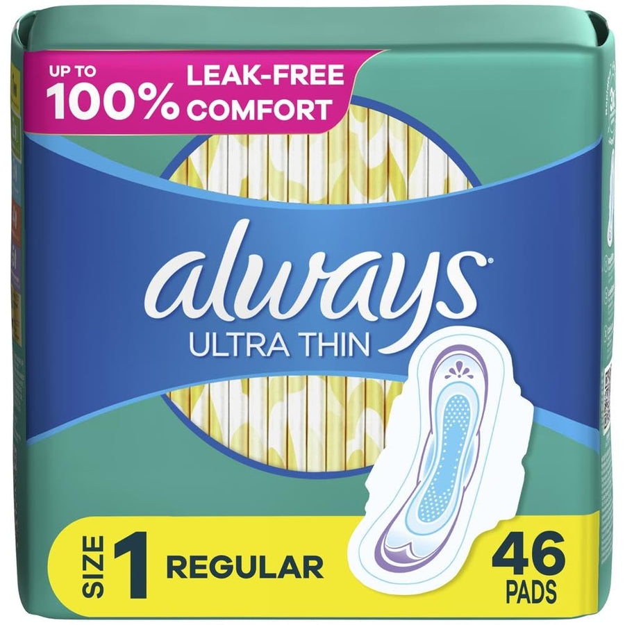 Ultra Thin, Feminine Pads For Women, Size 1 Regular Absorbency, With Wings, Unscented, 46 Count