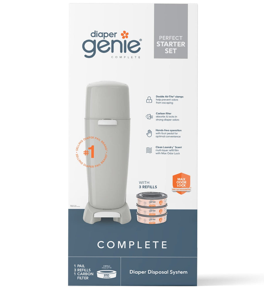 Complete Diaper Pail (Grey) with Odor Control | Includes 1 Diaper Trash Can, 3 Refill Bags, 1 Carbon Filter, 4 Piece Set