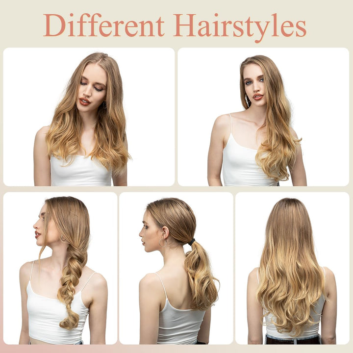 U Part Hair Extensions Dirty Blonde Full Head Clip in Synthetic Wave Curly Hairpiece Long 24 Inch for Women