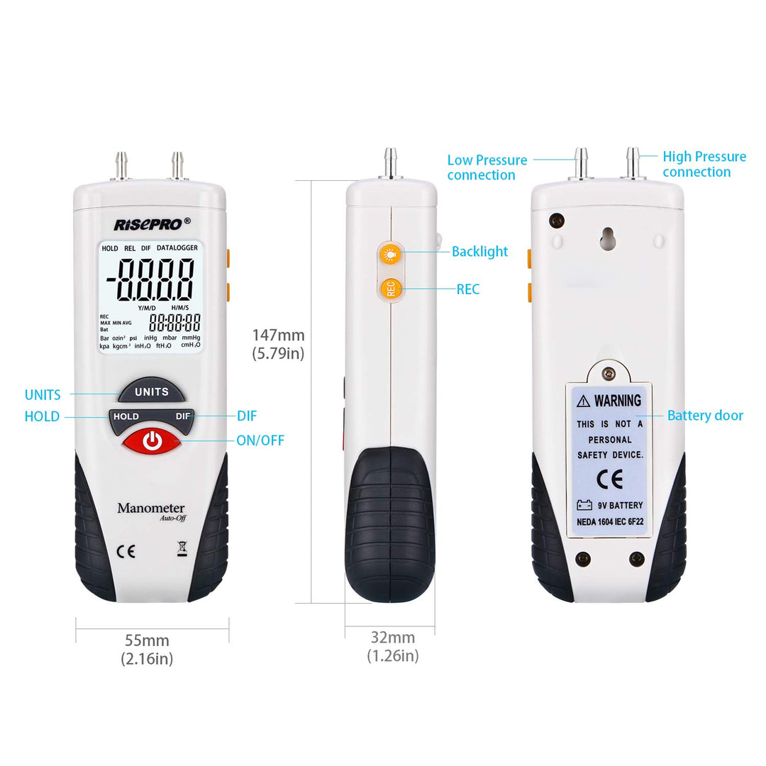 Manometer, ® Digital Air Pressure Meter and Differential Pressure Gauge HVAC Gas Pressure Tester