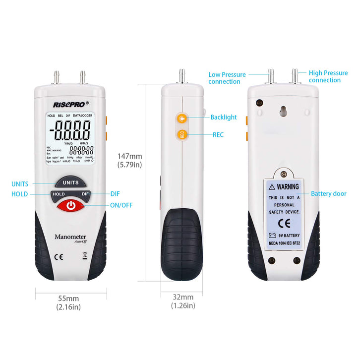 Manometer, ® Digital Air Pressure Meter and Differential Pressure Gauge HVAC Gas Pressure Tester