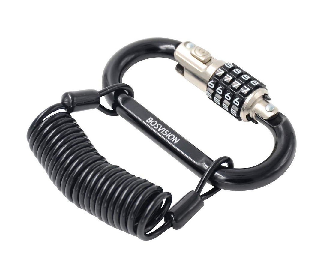 Motorcycle Helmet Lock, 4-Digit Combination Carabiner/karabiner Lock with Cable, Helmet Lock with 5' (150cm) Coiled Security Steel Cable