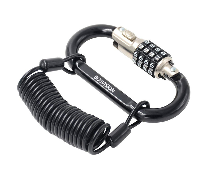 Motorcycle Helmet Lock, 4-Digit Combination Carabiner/karabiner Lock with Cable, Helmet Lock with 5' (150cm) Coiled Security Steel Cable