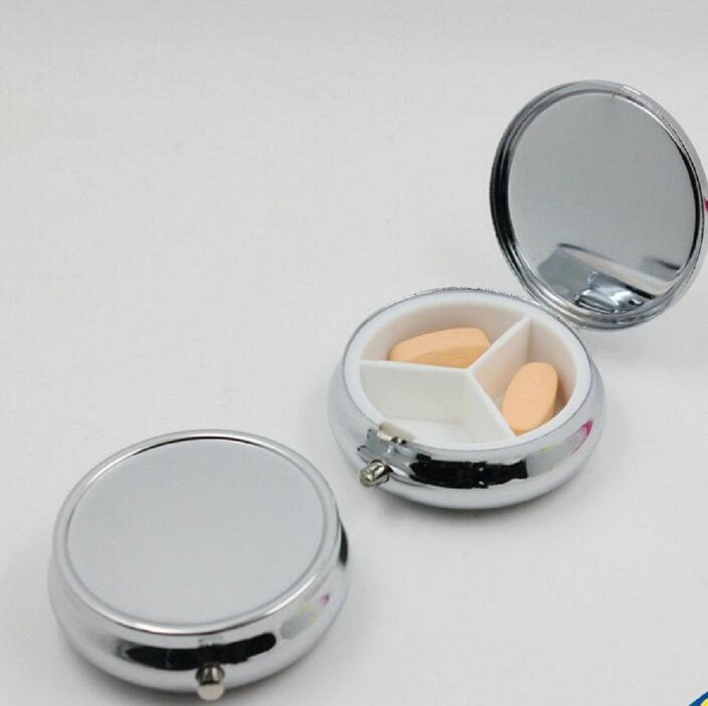 Pill Box Round Metal Pill Case Portable Mini Silver Medicine Drug Holder Container Organizer with 3 compartments for Travel Outdoor Use Pack of 2
