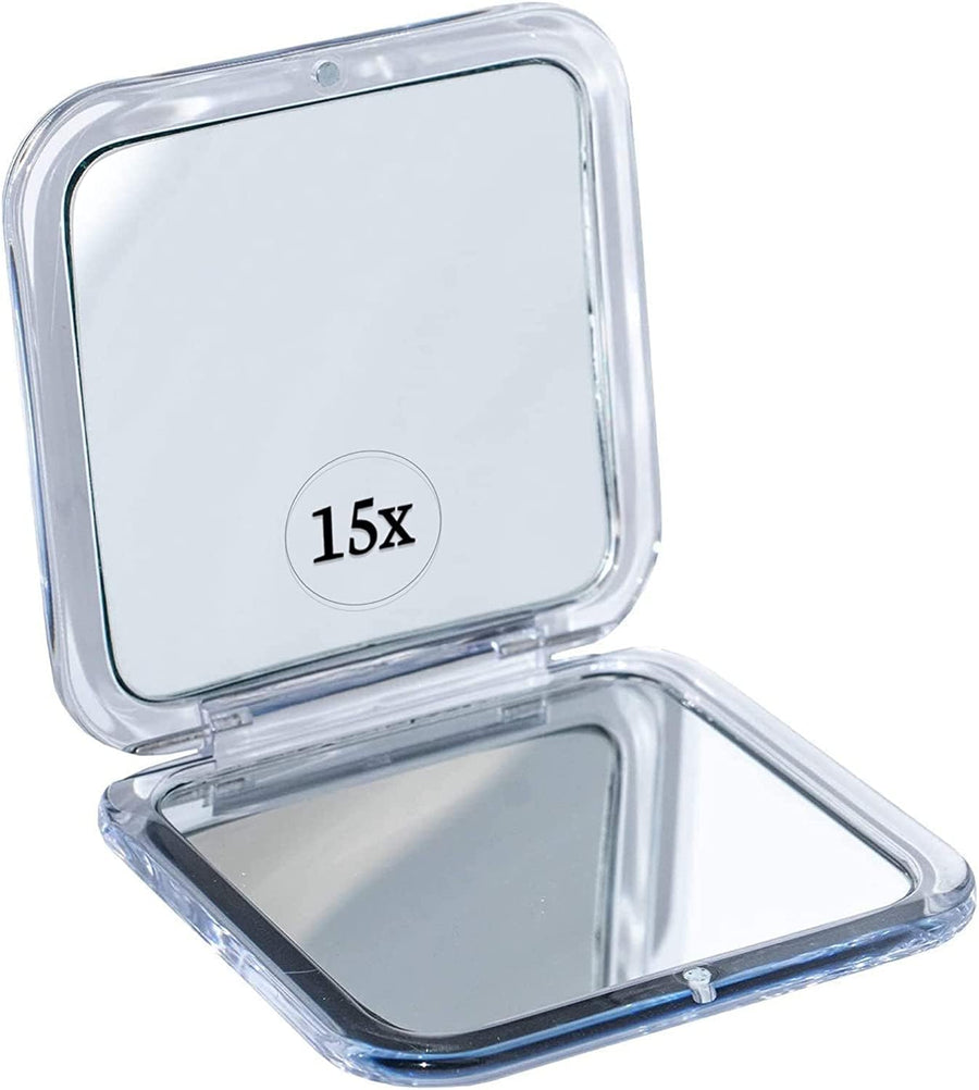 Small Compact 15X Magnifying Mirror for Travel - Handheld, Foldable & Lightweight - Mini Pocket-Sized Magnified Mirror for Purse - Square 3.3” x 3.3”