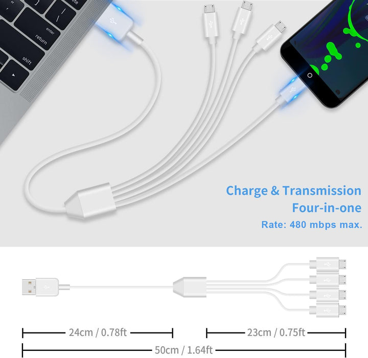 USB A to USB Micro Charging Cable, 4 in 1 Multi Charger Cable Micro USB Splitter Cable 4 Ports Micro USB 2.0 Male-Male Charging Cord Adapter Connectors for Cell Phones and More (White 0.5M)