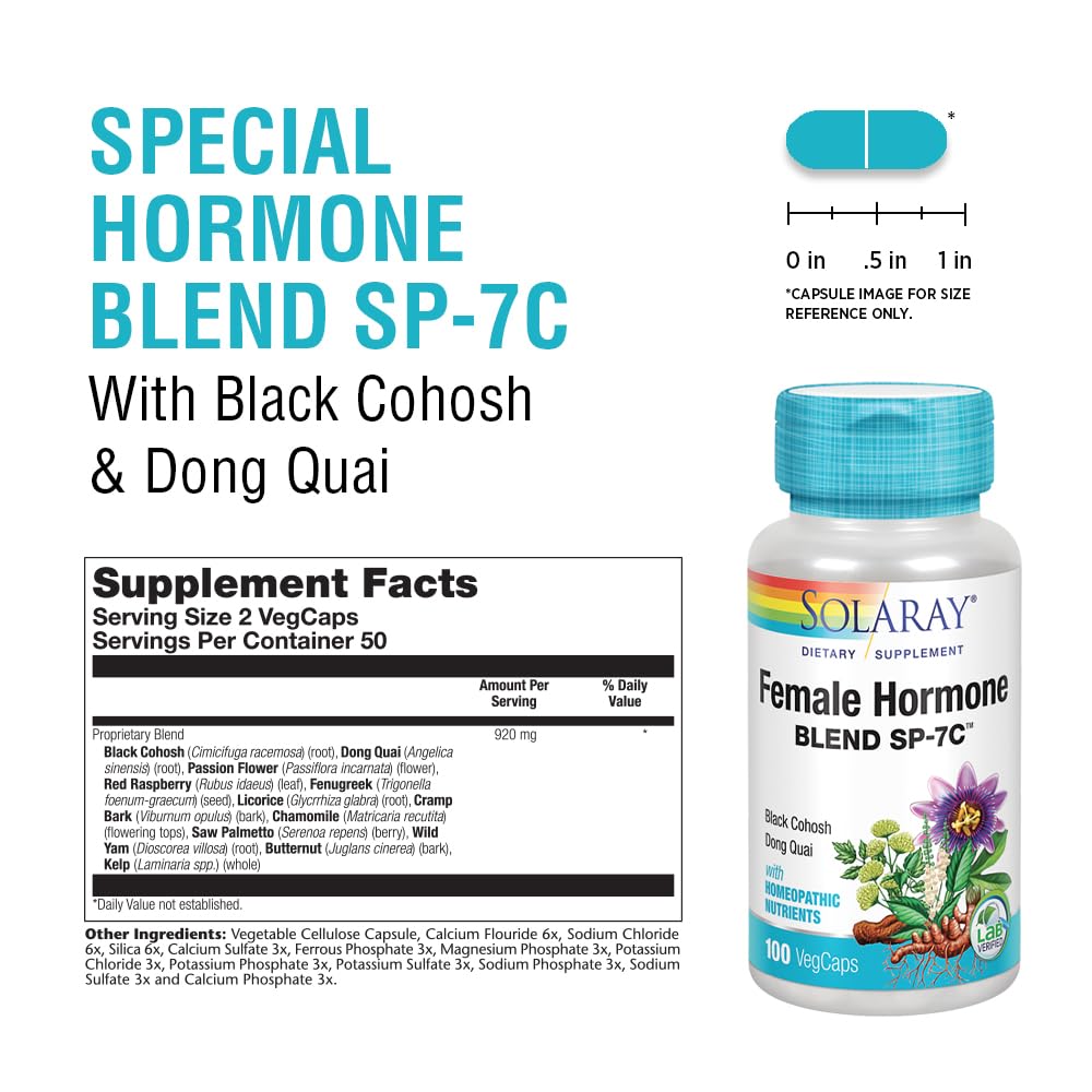 Female Hormone Blend SP-7C | W/Black Cohosh, Dong Quai, Passion Flower, Wild Yam & More | 100 VegCaps, 50 Serv.