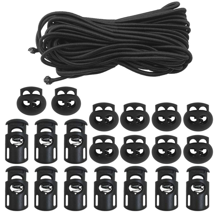 20 PCS Plastic Cord Locks & Elastic Bungee Nylon Shock Cord 5/32 50 ft Lengths, 10 PCS Sing-Hole, 10 PCS Double-Hole (Black) End Spring Toggle Stopper Slider with Crafting Stretch String