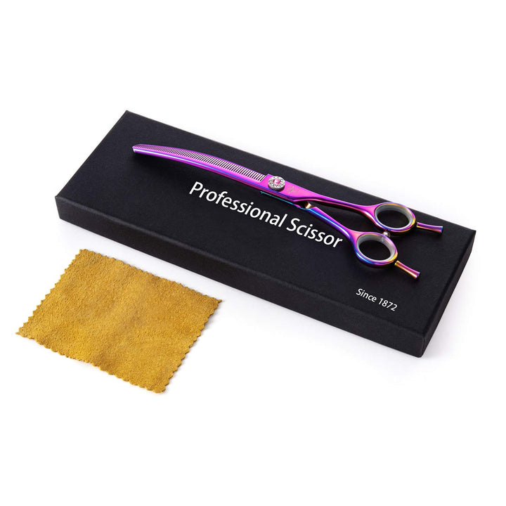 7 Inch Downward Curved Dog Grooming Scissors Thinning Texturizing Shears Professional Safety Blunt Tip Trimming Shearing for Dogs Cats Face Paws Limbs Japanese Stainless Steel Purple
