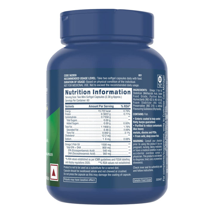 Triple Strength Fish Oil Omega 3 Supplement, 1000mg EPA and DHA, Supports Heart, Brain, Skin, Eye and Joint Health, Burpless, Ultra Concentrated, High Potency, Wild Caught, 120 Softgels