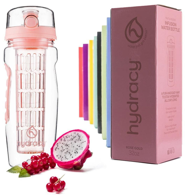 Fruit Infuser Water Bottle - 32 oz Sports Bottle - Time Marker & Full Length Infusion Rod + 27 Fruit Infused Water Recipes eBook Gift - Rose Gold