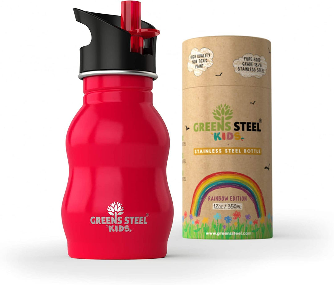 Kids Water Bottle with Straw & Handle, 12 oz Red - Eco Friendly Toddler Cups with Straws - Easy Sip Metal Water Bottle for Kids - Cute Stainless Steel Water Bottles for Children - Leak Proof Lid