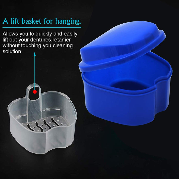 Denture Case, Denture Cup with Strainer, Denture Bath Box False Teeth Storage Box with Basket Net Container Holder for Travel, Retainer Cleaning (Blue) (Dark Blue)