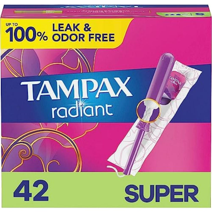 Radiant Tampons Super Absorbency with BPA-Free Plastic Applicator and LeakGuard Braid, Unscented, 42 Count