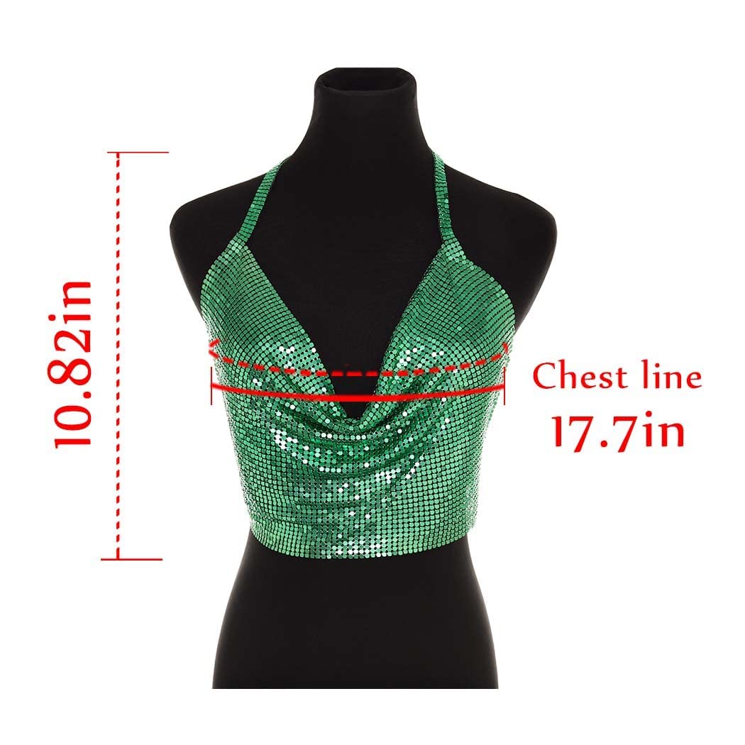 Sprkly Sequins Body Chain V Neck Green Halter Backless Chest Bra Bikini Chains Sexy Party Rave Nightclub Body Accessories Jewelry for Women and Girls