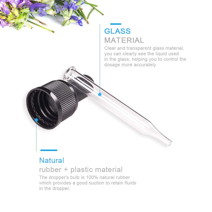 Set of 12, Glass Eye Droppers for Essential Oil 15ml (1/2 Ounce) Pressure Rotating Cover Oil Droppers Pipettes Roller Tops for Essential Oil Bottles