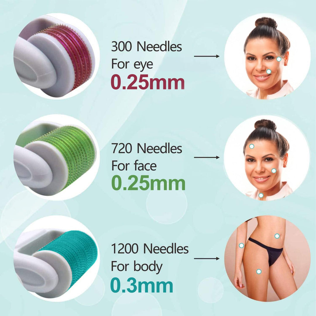 Derma Roller for Face and Body - 4 in 1 Titanium Microneedling Roller Kit Micro Needle Microneedle Roller, 300 and 720 Needles 0.25mm,1200 Needle 0.3mm