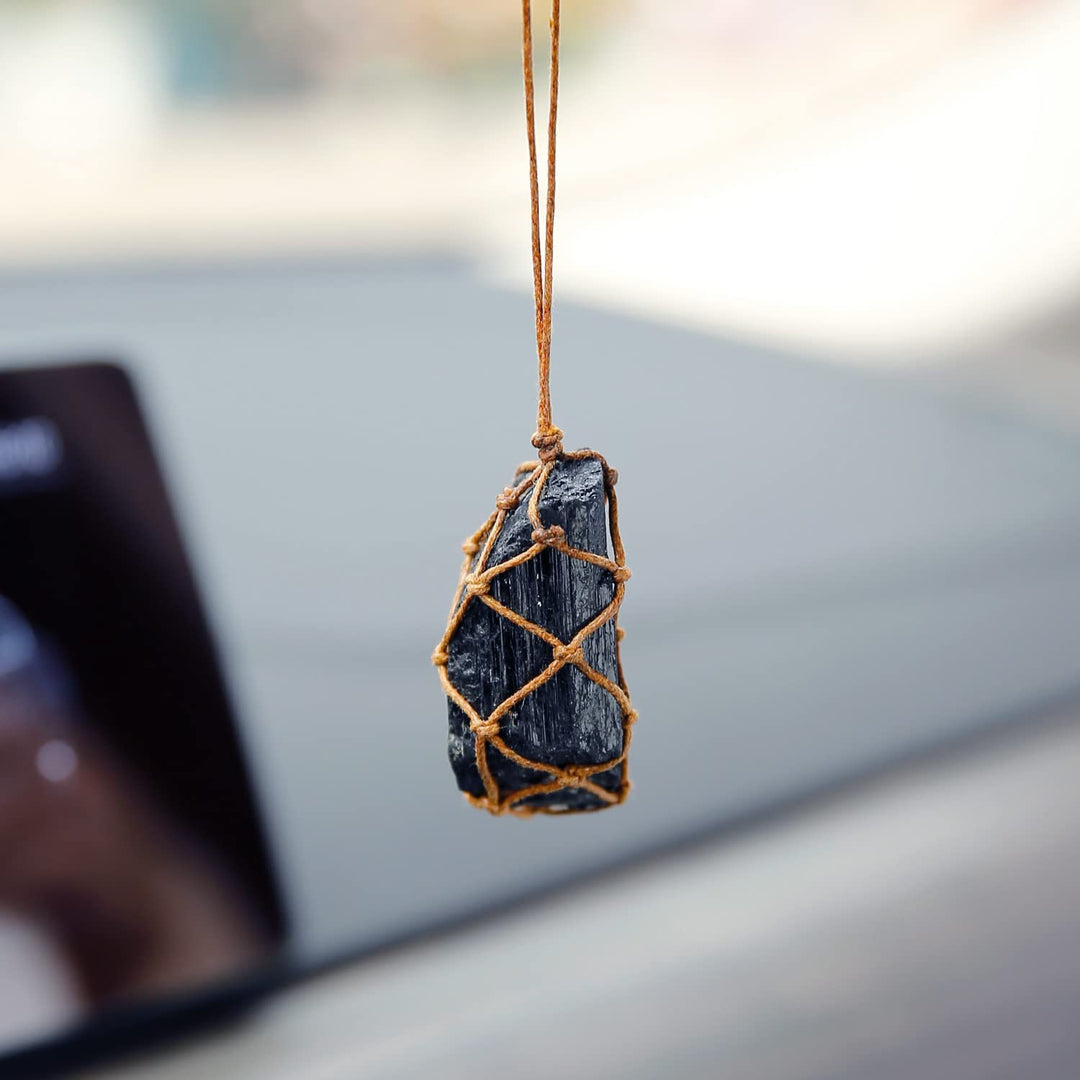 Raw Black Tourmaline Car Mirror Hanging Ornaments Braided Obsidian Crystal Decorations Car Dangle