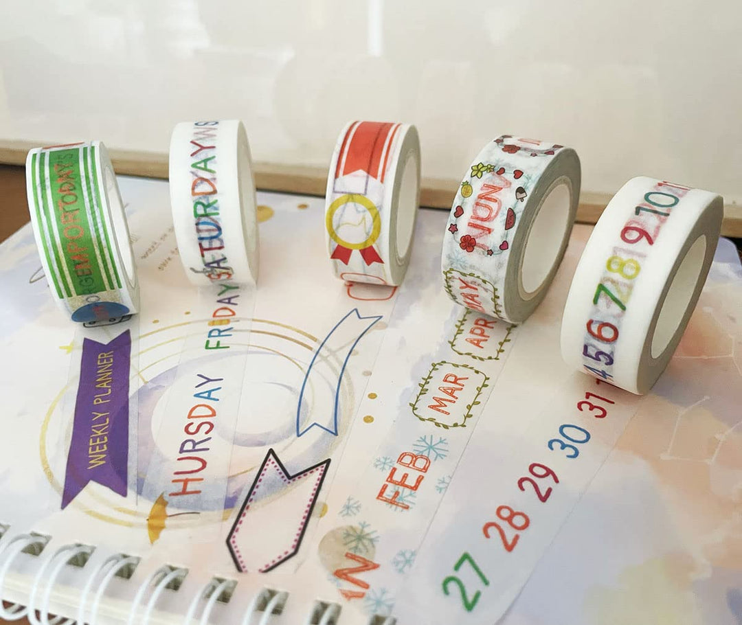Bujo Week Month Date Day Banner Number Planner Box washi Tape Set of 5 Rolls - Decorative DIY Japanese Masking Scrapbook Notebook Planner | Length : 10m (10.93 yards