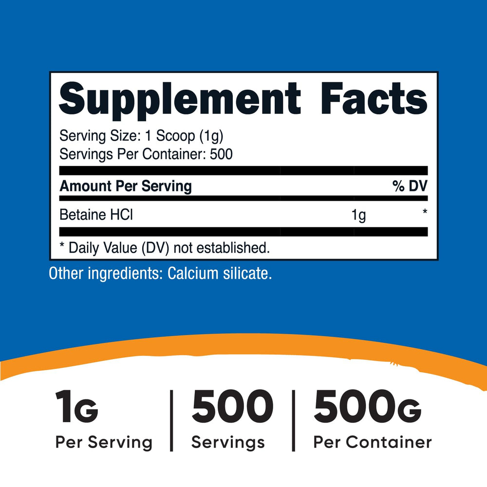 Betaine HCl Powder 500 Grams - Gluten Free, Non-GMO