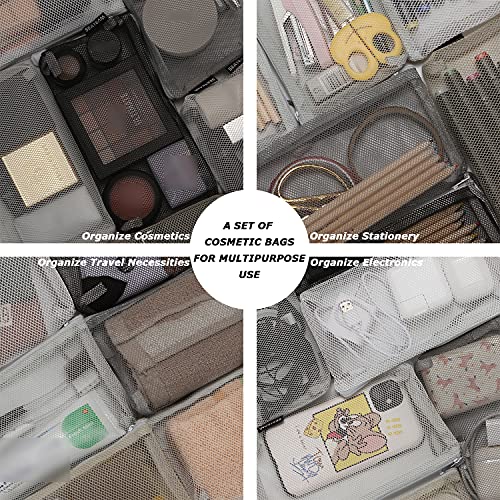 6pcs Multicolored Portable Travel Toiletry Pouch Nylon Mesh Cosmetic Makeup Organizer Bag with Zipper, Monochrome