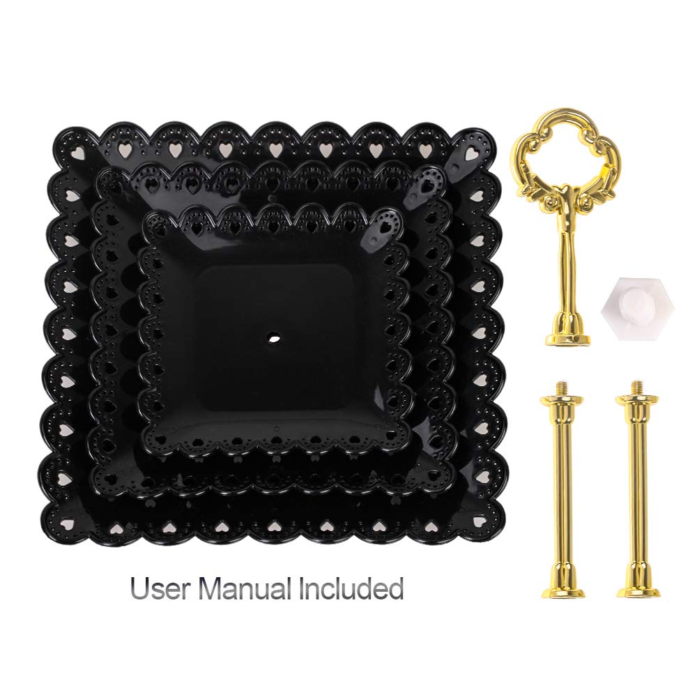 Black Square-Large 3 Tiered Serving Stand Tray Cake Stands Cupcake Holder Dessert Stand Table Decorations for Party Kids Birthday Tea Party Baby Shower