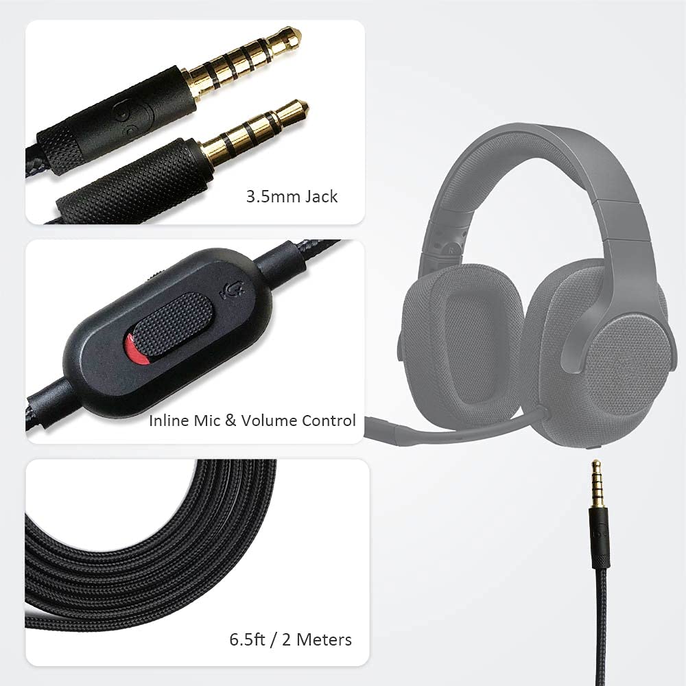 Replacement Audio Aux Cord Cable Compatible with Logitech Wired G Pro/G Pro X/G433/G233 Gaming Headset, G433 Cable Aux Cord Replacement with Inline Mic and Volume Control(6.5FT/2Meter, Black)