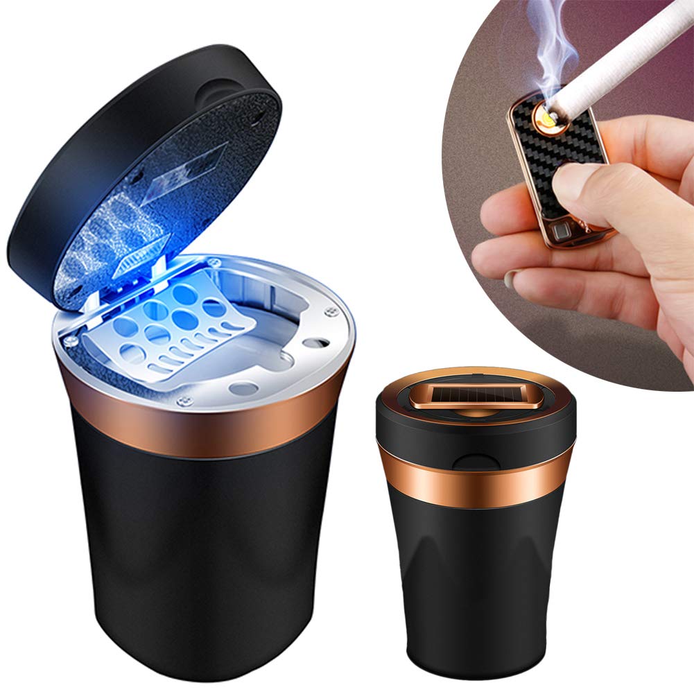 Car Ashtray Detachable Ceramics with Lid Led Light and Removable Lighter Solar Energy and USB Dual Charging for Most Car Cup Holder(1. Black with Lighter)