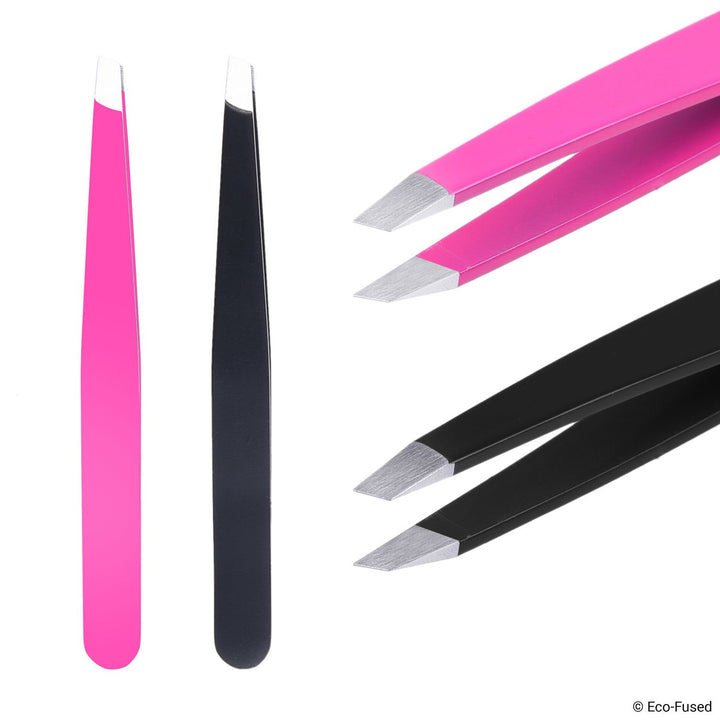 Tweezers - 2 Sets - Slant/Pointed/Flat - High Precision - Pluck Eyebrows, Apply Fake Eyelashes, Remove Facial/Body/Ingrown Hair - Essential Beauty & Personal Care Tool - Pink and Black