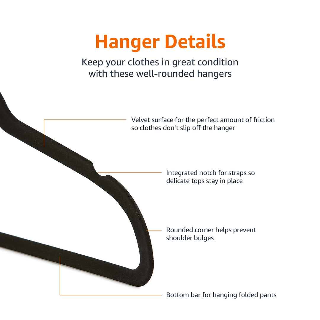 Slim, Velvet, Non-Slip Suit Clothes Hangers, Pack of 50, Black
