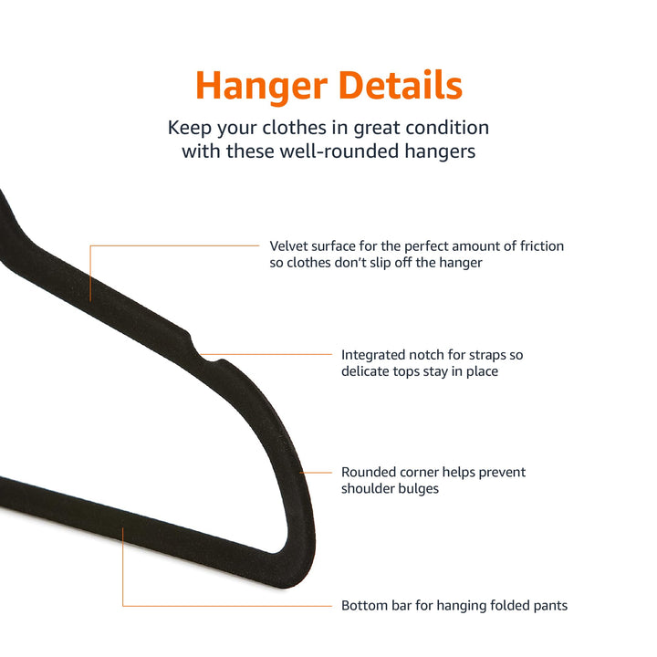 Slim, Velvet, Non-Slip Suit Clothes Hangers, Pack of 50, Black
