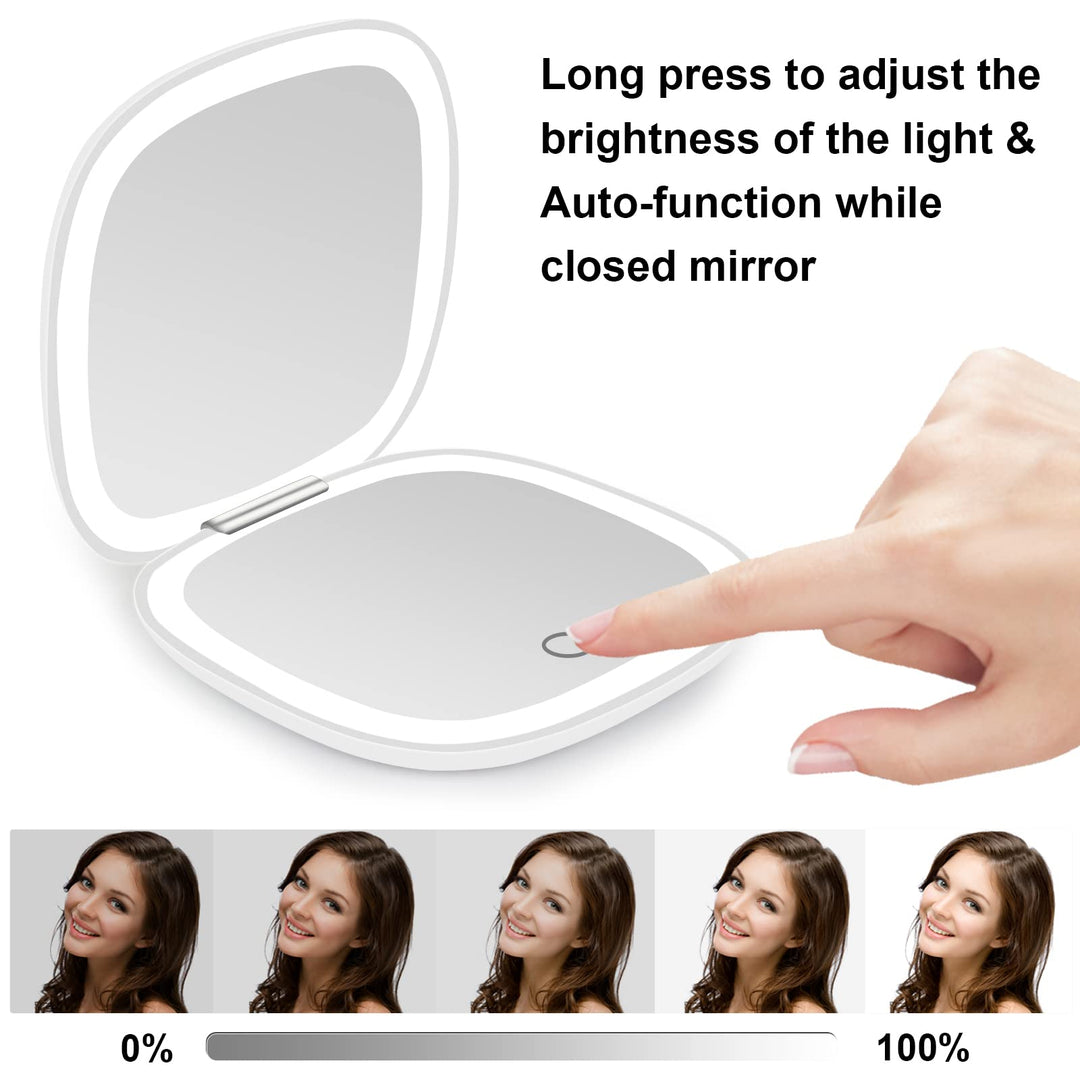 Compact Mirror, Lighted Travel Makeup Mirror with 1X/10X Magnifying Double Sided Dimmable Portable Pocket for Handbag and Pocket, USB Charging(White)