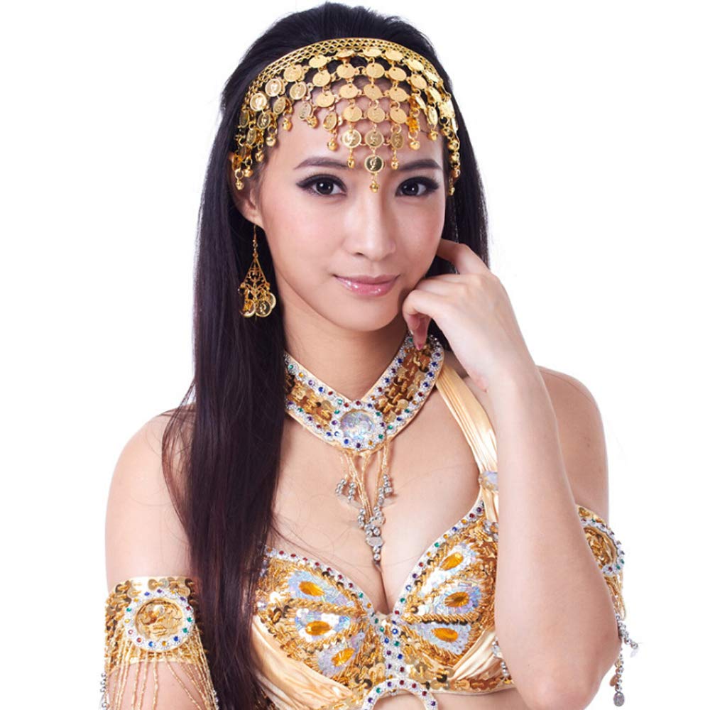 Belly Dance Hair Hoop Indian Dance Headband Tribal Headband with Bells and Coin Ornaments (Gold)