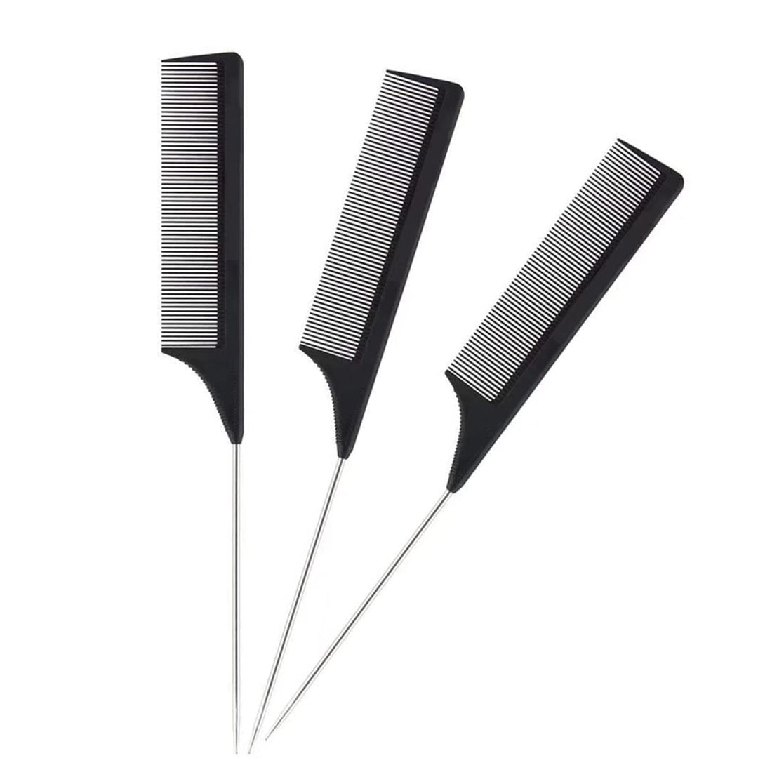 1 Pack Professional Carbon Steel Tail Combs Heat Resistant with Metal Pick, Anti Static Black Styling Rat Tail Hair Comb Fine Teeth, Metal Pintail Teasing Comb Brush