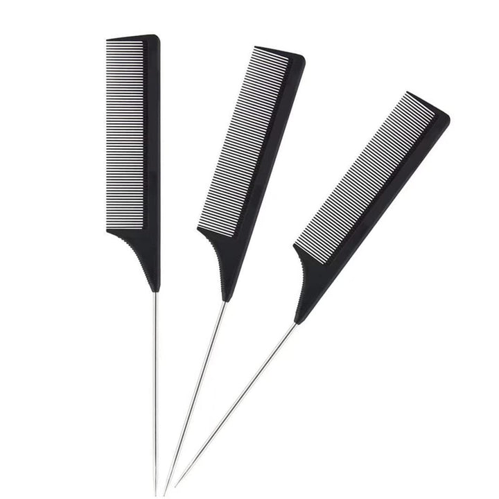 1 Pack Professional Carbon Steel Tail Combs Heat Resistant with Metal Pick, Anti Static Black Styling Rat Tail Hair Comb Fine Teeth, Metal Pintail Teasing Comb Brush