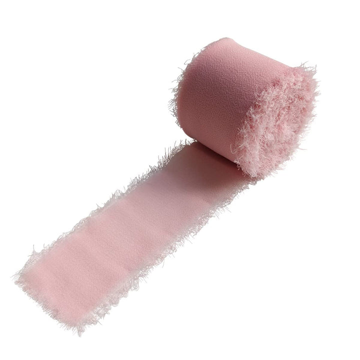 1Rolls Handmade Fringe Gauze Chiffon Silk Ribbon 1.5 Inch x 7Yard Frayed Edges Ribbon for Invitations Bouquets Wedding Flatlays Gift Wrapping Decorations (Blush Pink)