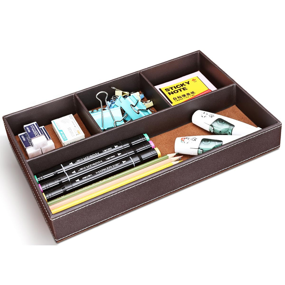 Pu Leather Desk Organizer Tray, 4 Compartment Office Storage Supplies Stationery Drawer Tray, Nightstand Bedside Tray for Key, Wallet, Watch, Coin, Phone Valet Tray Stackable