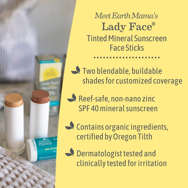 Lady Face® Tinted Mineral Sunscreen Face Stick SPF 40 Light/Medium Tint | Contains Organic Shea & Cocoa Butter | Foundation + Concealer Blends with Most Skin Tones