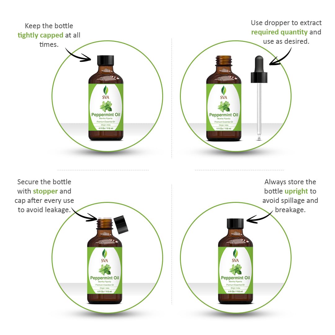 SVA Peppermint Piperita Essential Oil – 4 Fl Oz – 100% Natural Piperita Oil - for Diffuser, Hair Care, Face, Skin Care, Aromatherapy, Scalp and Body Massage, Soap and Candle Making - with Dropper