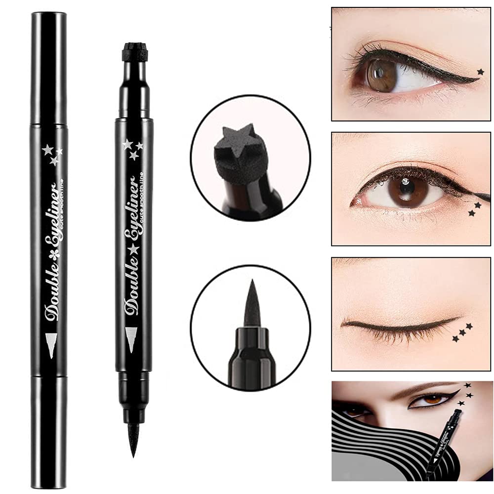 2 in 1 Double-headed Liquid Eyeliner Pen Stamp Super Slim Gel Felt Tip High Pigment Black Waterproof Smudgeproof Long Lasting Tattoo Makeup Tool(Star)