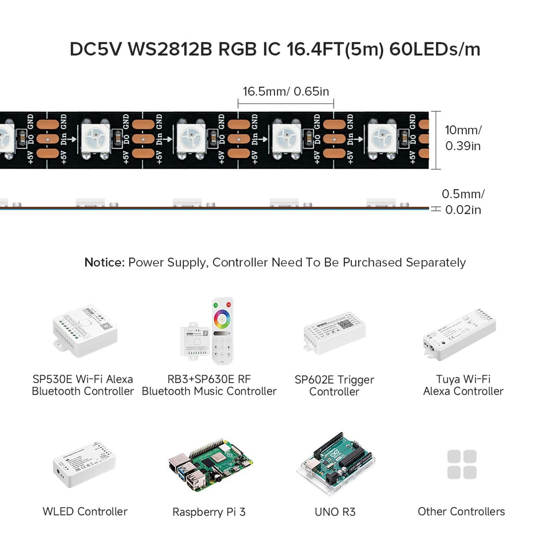 WS2812B IC RGB 5050SMD Pure Gold Individual Addressable LED Strip 16.4FT 300LED 60LED/m Flexible Full Color IP30 DC5V for DIY Chasing Color Project(No Adapter or Controller)