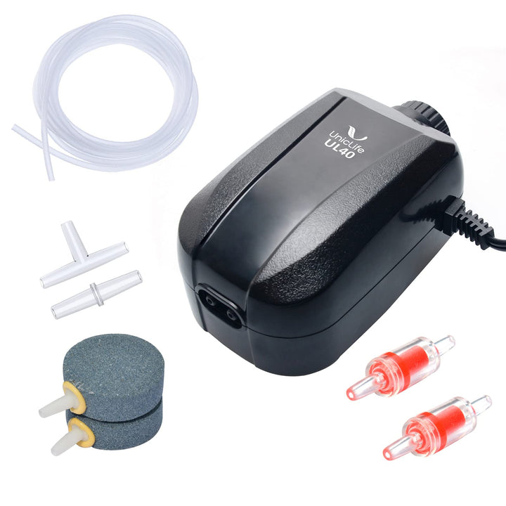 64 GPH Aquarium Air Pump with Dual Outlets Adjustable Quiet Fish Tank Air Pump with Air Stone Airline Tubing Check Valve and Connector Accessories for 10-100 Gallon Fish Tank