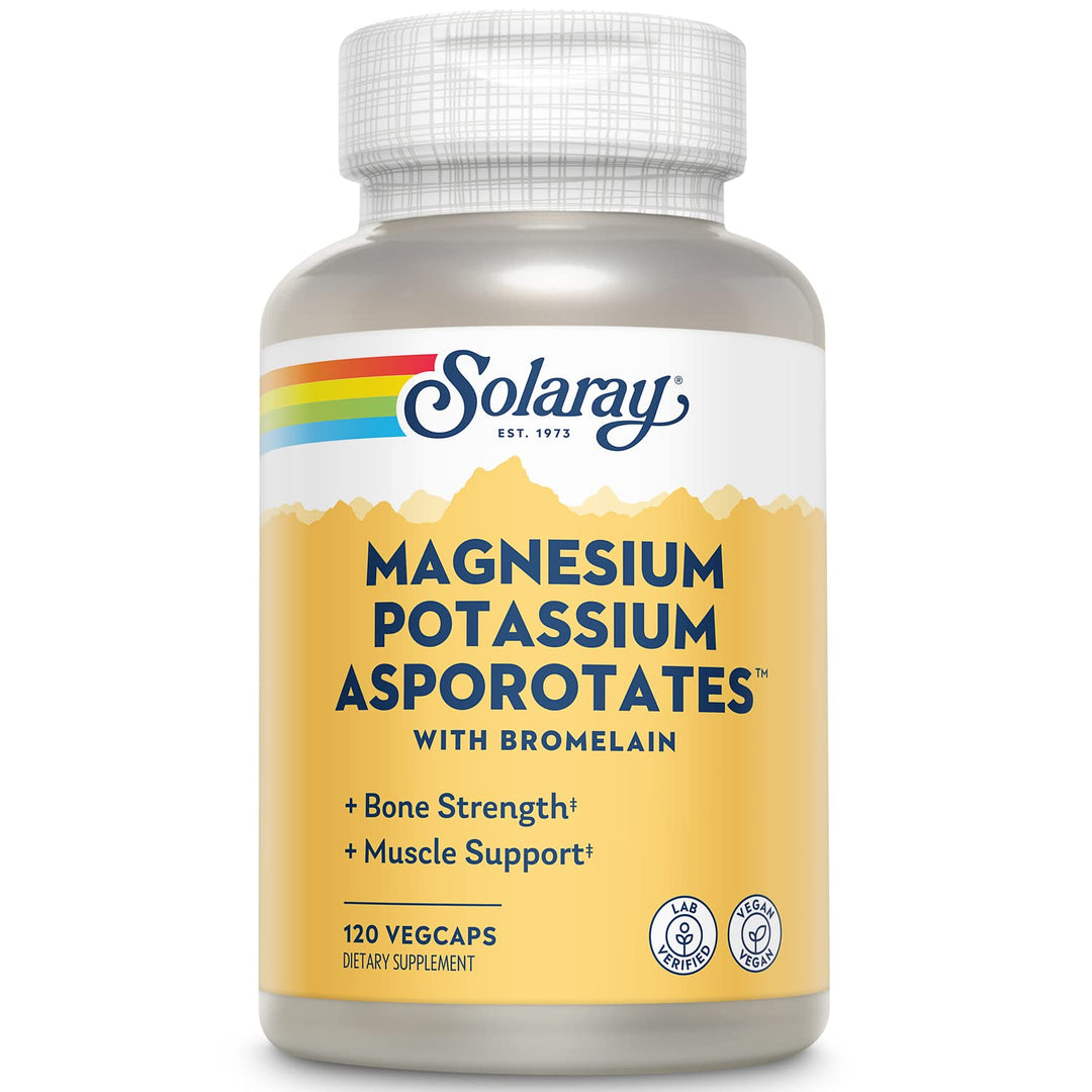 Solaray Magnesium and Potassium Asporotates with Bromelain, Magnesium Potassium Supplement for Bone Strength and Muscle Support, Vegan Magnesium Potassium Supplements, 60 Servings, 120 VegCaps