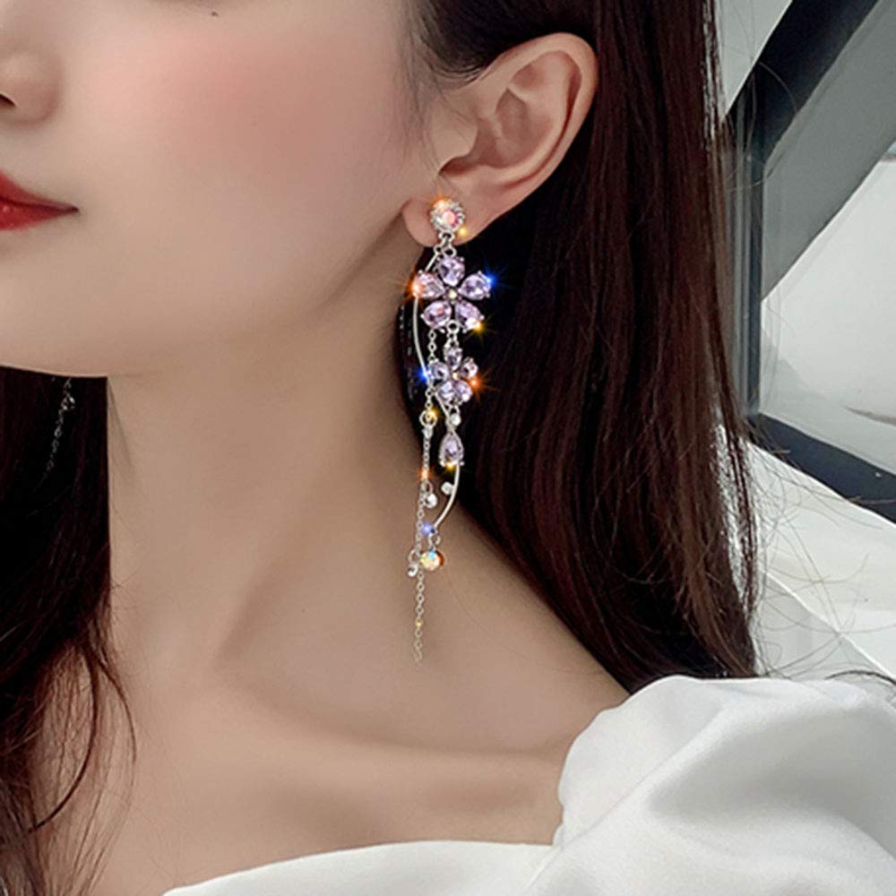 Silver Long Flower Earrings Purple Rhinestones Big Dainty Floral Drop Earrings Statement Charm Earring Body Jewelry for Women and Girls