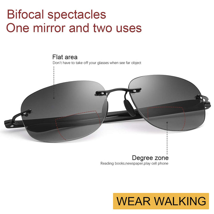 2 Pairs Rimless Bifocal Reading Glasses UV400 Protection Sunglasses Blue Light Blocking Lightweight Sun Readers for Unisex Men Women Outdoor Driving Safety Eyeglasses Tinted Lens Shades Eyewear 2.0