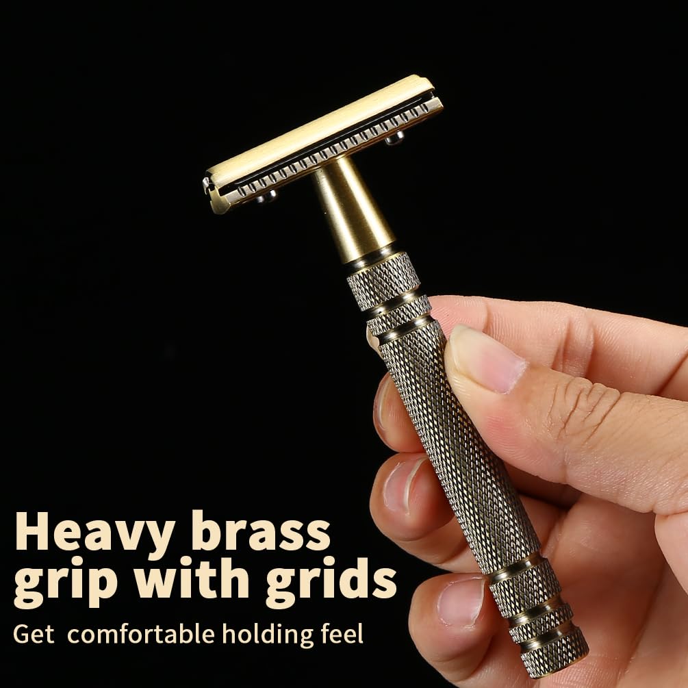 Double Edge Safety Razor Long Handle - Brass Bronze Blade Replaceable Razors,For Men Shaving Classic Razor,Reusable Metal Manual Shavers Close Comb