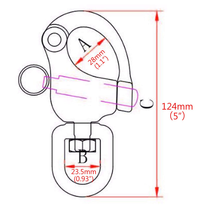 NRC&XRC Pair 5IN(128mm) Jaw Swivel Eye Snap Shackle Quick Release Bail Rigging Sailing Boat Marine Stainless Steel Clip Pair