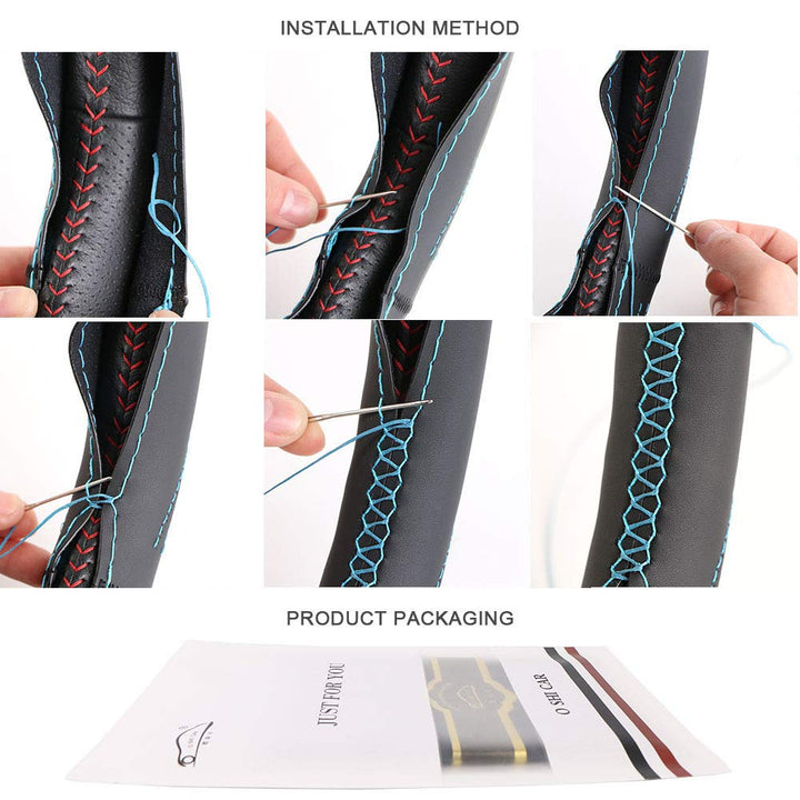 Universal Genuine Leather Steering Wheel Cover Hand Sewing Breathable Design 15 Inch DIY Cowhide Car Steering Wrap Black