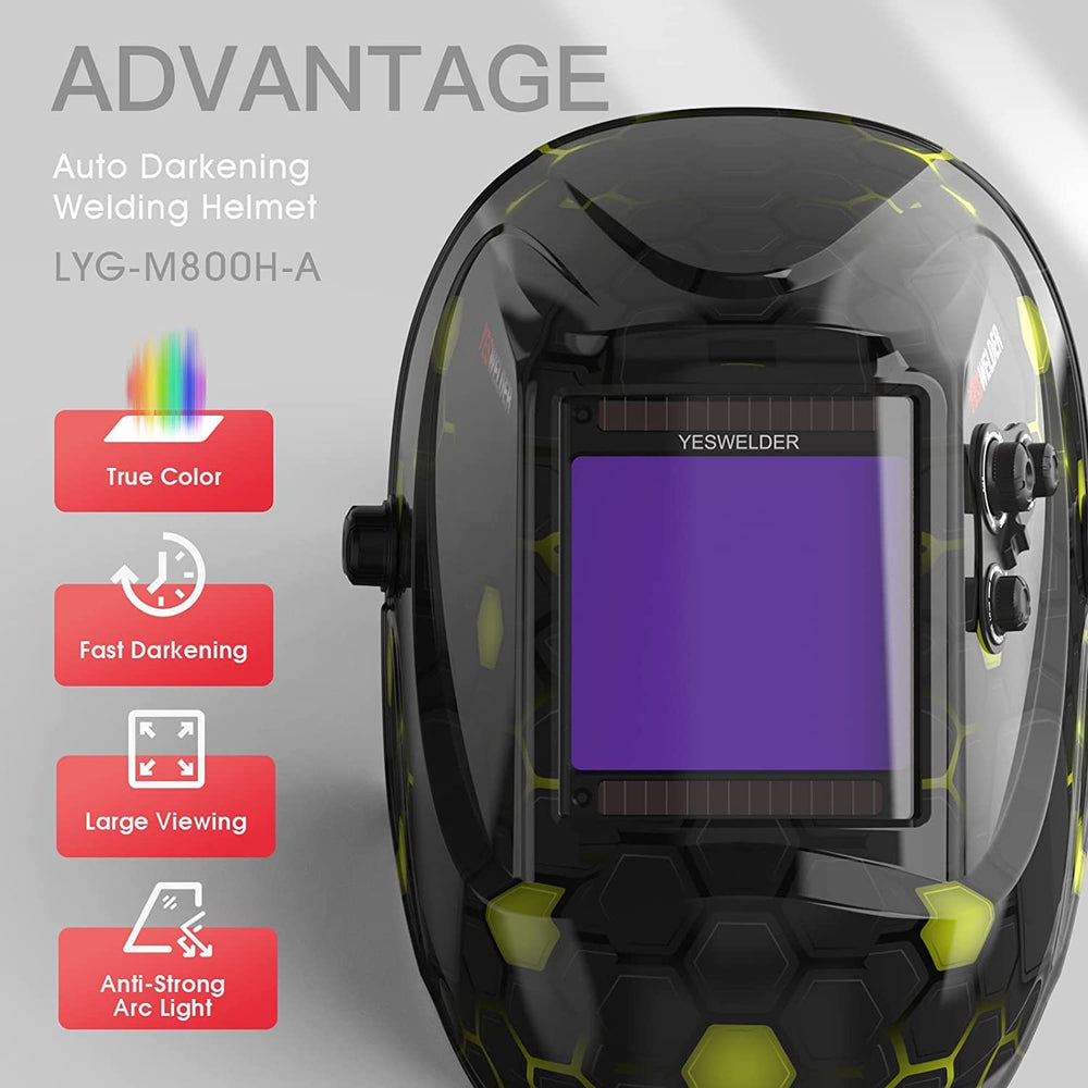 Large Viewing Screen 3.93X3.66 True Color Solar Power Auto Darkening Welding Helmet, 4 Arc Sensor Wide Shade 4/5-9/9-13 for TIG MIG Arc Weld Grinding Welder Mask LYG-M800H-A